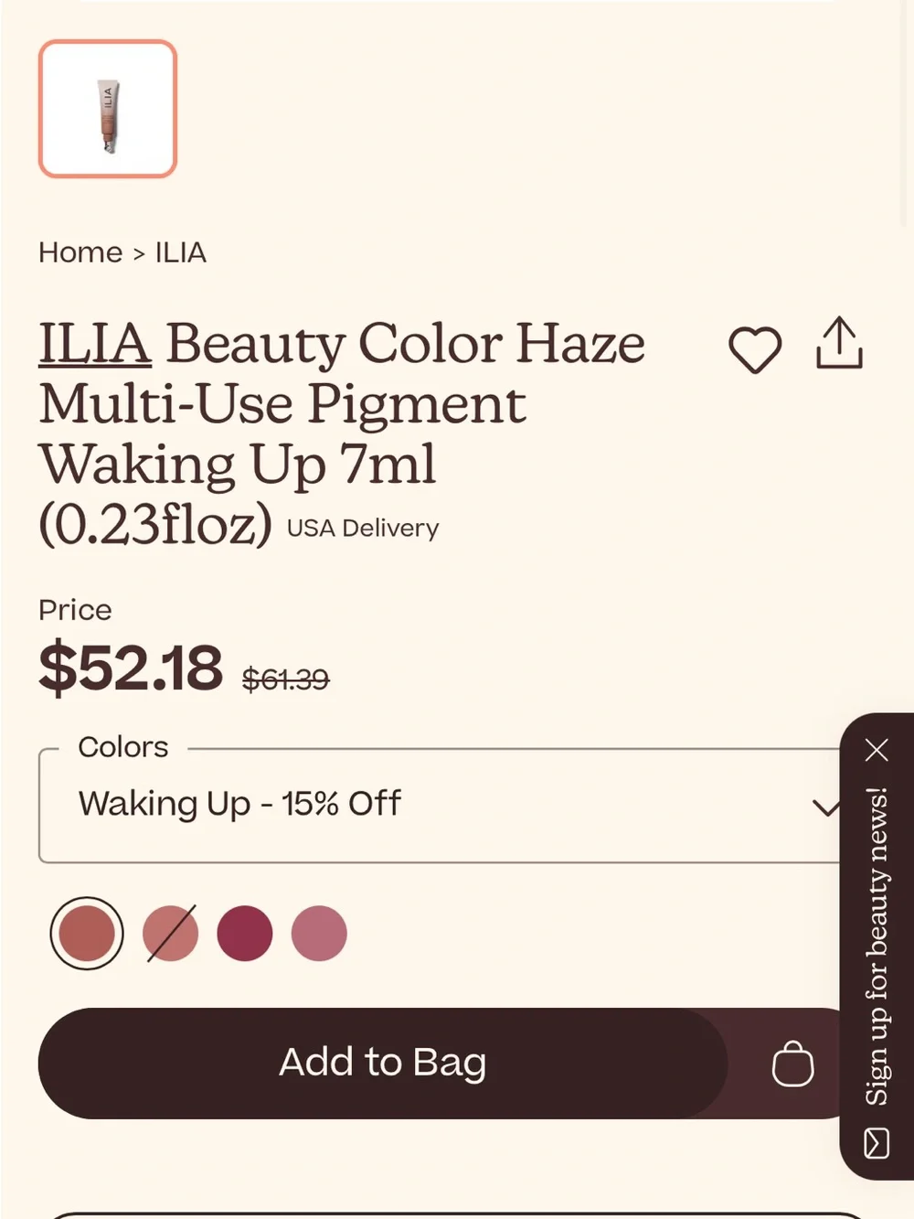 ❗️ILIA “Waking Up”Multi-Use Pigment in Mauve-Taupe Lip Gloss/Cheek Color NWT $58